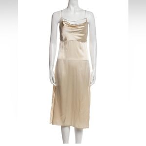 Reformation meta midi dress in almond champagne cream tan color cowl scoop neck